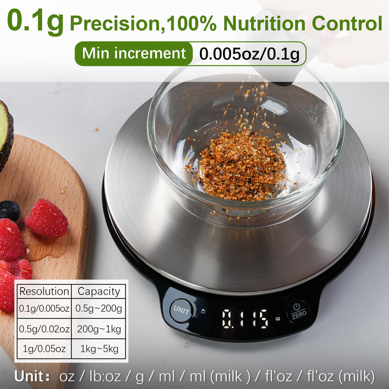 Smart Nutritional Scale, 0.005oz / 0.1g High Precision, Free APP with Nutrients Tracking, Calorie, Marco, Ounces and Grams, for Kitchen, Weight Loss, Meal Prep, etc. Black & Grey