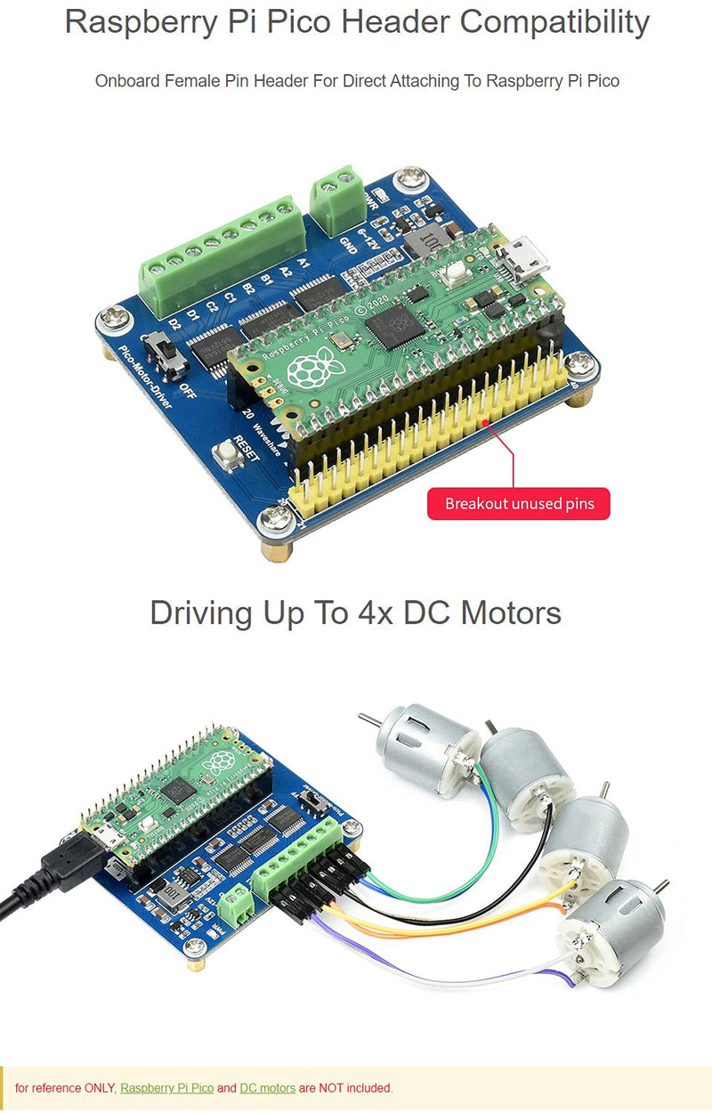 Waveshare DC Motor Driver Module for Raspberry Pi Pico Driving Up to 4X DC Motors Suitable for 2WD or 4WD Driving