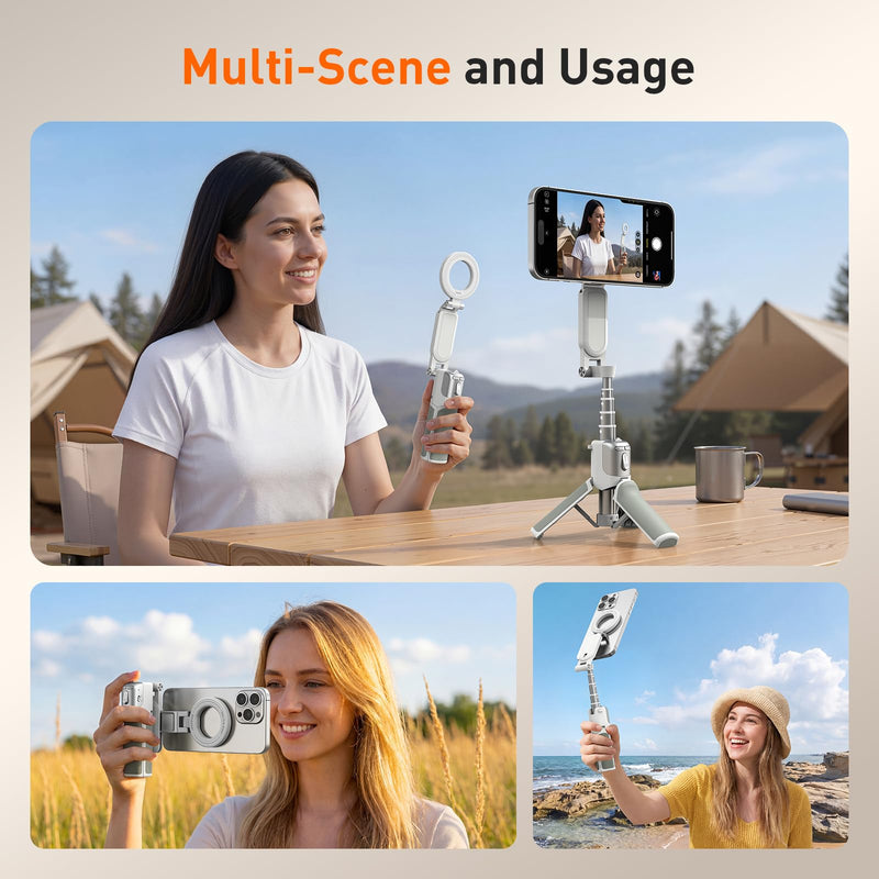 AMAZEAR Phone Camera Grip with Selfie Stick Tripod, Cellphone Accessories with Detachable Wireless Shutter Button for iPhone 16 17 Pro Max, Comfort Ergonomic Smartphone Handle Holder, White Standard Grip