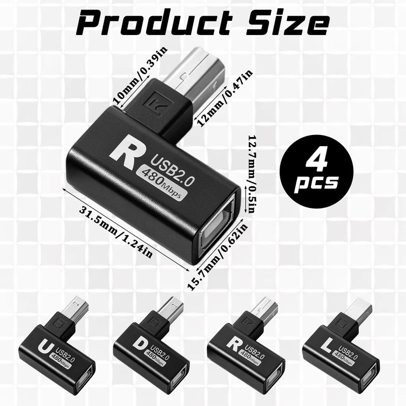 90 Degree USB B Printer Adapter Type-B Male USB 2.0 to Female Extension Adapter 4 Pcs Up+Down+Right+Left Angled Printing and Data Extension Adapters for Printer Scanner