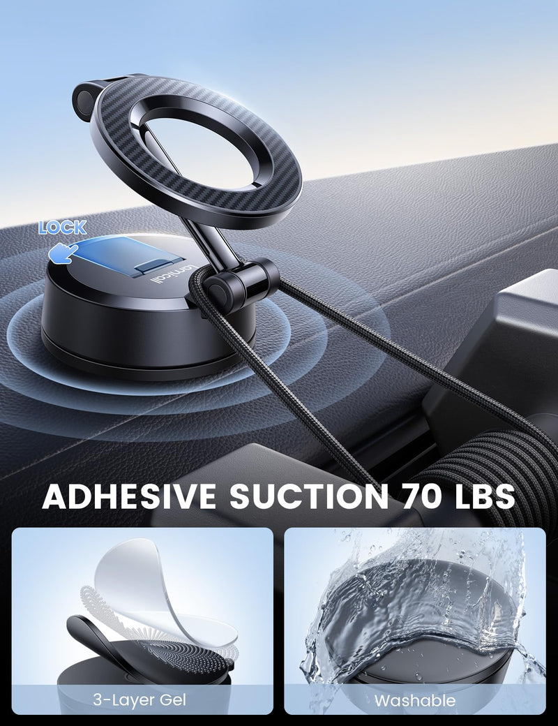 Lamicall for Magsafe Car Mount [70LBS Powerful Suction] Magnetic Phone Holder for Car, 360° Rotation Suction Cup Phone Mount Dashboard & Windshield for Truck fit iPhone 17 16 Pro Max Plus 15 14 13 12 🥇NEW Upgraded - Carbon Fiber