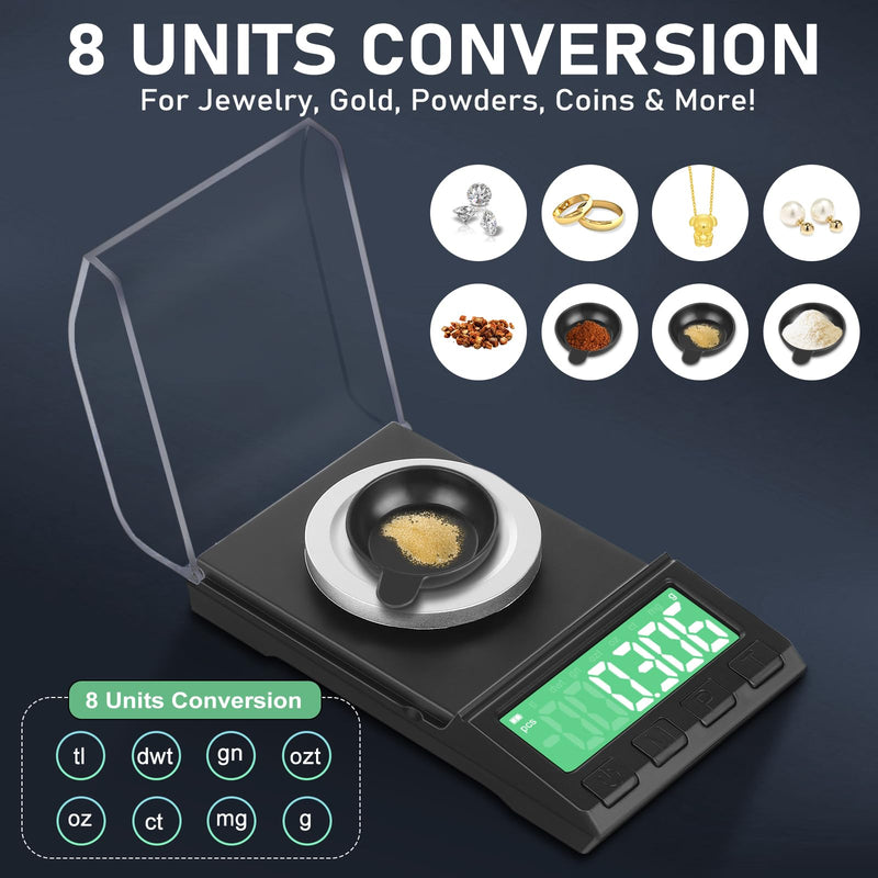 Portable Milligram Scale 100g/0.001g, Diyife Rechargeable Gram Scale with 8 Units, High Precision Powder Scale with Cover, Backlit LCD, Batteries/Tray/Tweezers/100g Calibration Weight Included
