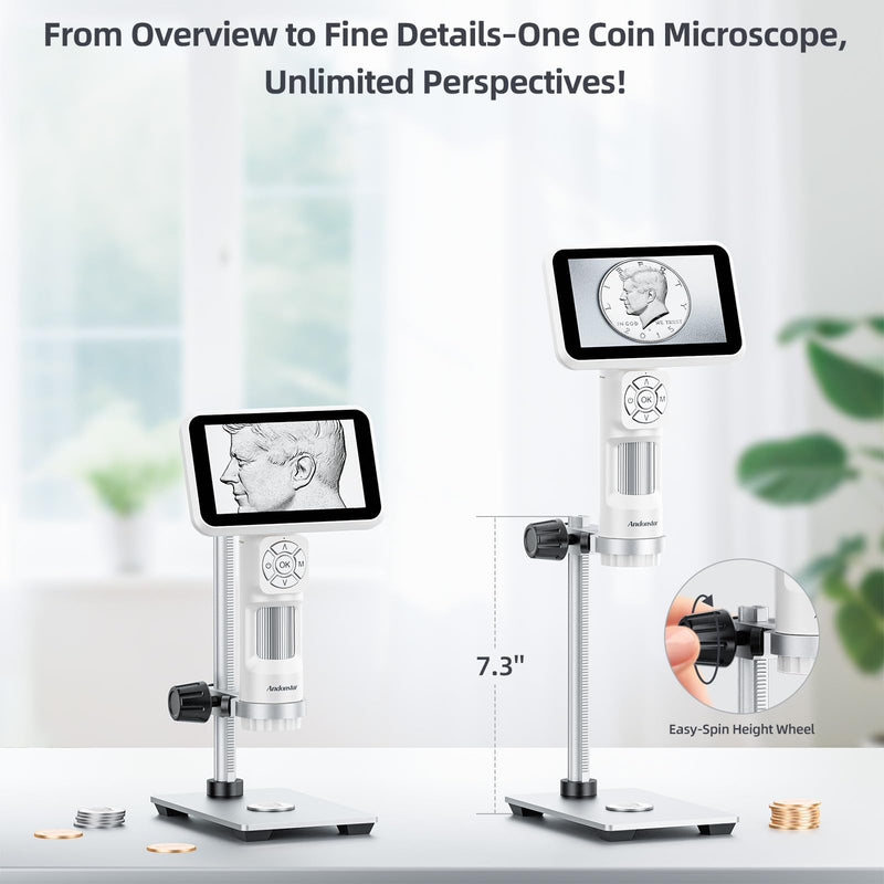 Andonstar Digital Microscope, 5" 1080P Coin Microscope Camera for Error Coin with 7.3" Metal Stand for Adults Kids, Handheld USB Coin Magnifier with 8 Adjustable LED Lights, Windows Mac PC White+Traditional Stand