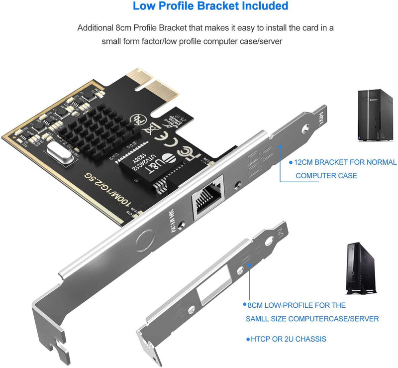 2.5GBase-T PCIe Network Adapter with 1 Port, 2500/1000/100Mbps PCI Express Gigabit Ethernet Card RJ45 LAN Controller Support Windows Server/Windows/Linux, Standard and Low-Profile Brackets Included 2.5G Network card with RJ45 Port