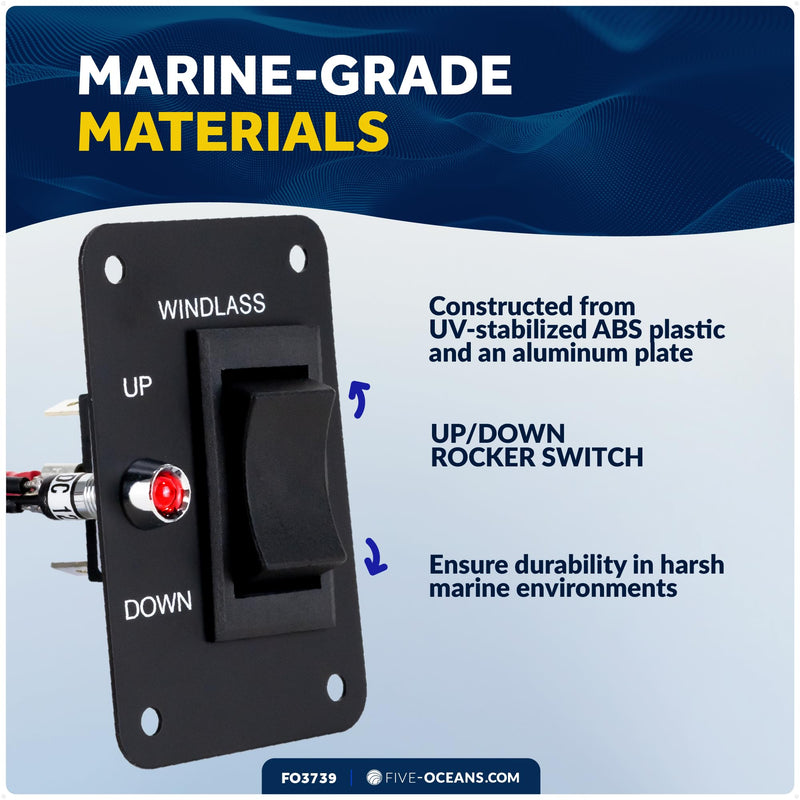 Five Oceans Rocker Boat Anchor Windlass Switch, Controlling Up/Down Function of Boat Anchor Windlasses, Waterproof, 12 Volts, SPDT 3-Terminal Switch, Stainless Steel Plate - FO3739 Rocker Switch - 1 Pack