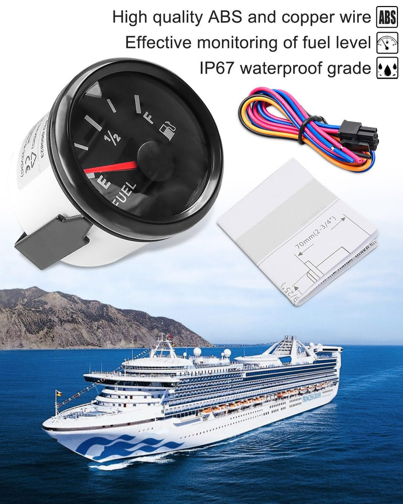 Black Boat Fuel Level Gauge 73-10 ohms (Empty-Full) for Marine Car RV Yacht Motorcycle Automotive, 52mm 9-32VDC Black