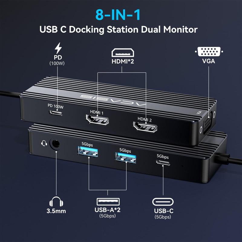 ACASIS USB C Docking Station Dual Monitors,8-in-1 Laptop Docking Station with Dual Monitor 2*HDMI +VGA +3 * 5G USB-A/C+3.5MM Audio+PD100W, Laptop Dock for Dell/HP/Lenovo ThinkPad（Black） Black