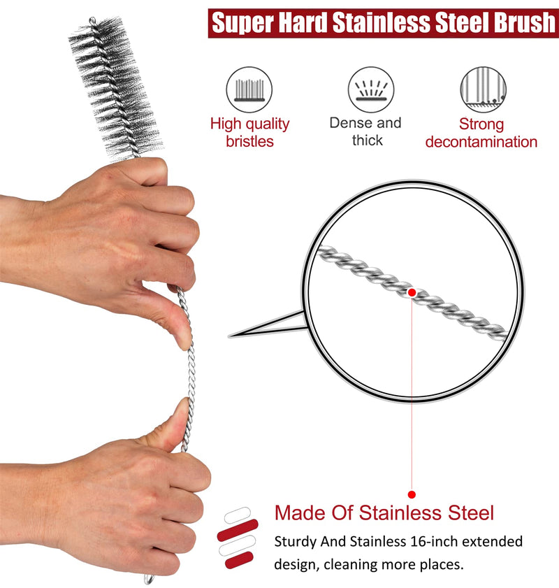 16 Inch Extra Long Pipe Cleaning Brush Set Stainless Steel Bristles, Stainless Steel Pipe Brush Steel Bottle Brush 8 Piece Variety Pack for Auto Parts, Bottles,Tubes, Etc. 16 Inch