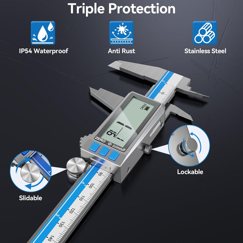 6 Inch Digital Caliper, Type-C Rechargeable Stainless Steel Vernier Caliper, IP54, F/MM/in Conversion, Large LCD, USB Charging Digital Caliper Measuring Caliper for DIY, Woodworking Use (Blue) Blue