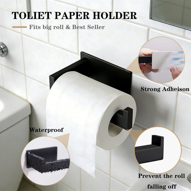 5 Pieces Self Adhesive Bathroom Hardware Set-SUS304 Stainless Steel-Towel Rack Set Include 16″Towel Bar+Toilet Paper Holder+3 Towel/Robe Hooks Bathroom Accessory (Matte Black, 16 in) Matte Black