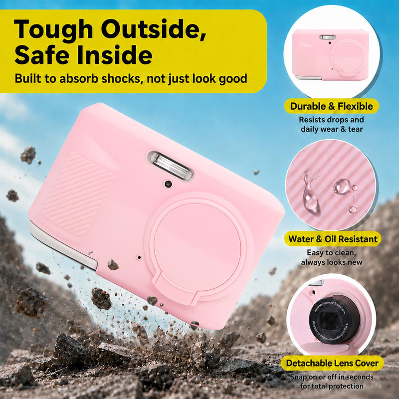 Case for Kodak PIXPRO FZ45 Digital Camera, Silicone Camera Case with Removable Lens Cover,Cute Beaded Charm Strap & 2 Pack Screen Protectors,Aesthetic Travel Camera Accessories (Smoked Pink) Smoked Pink