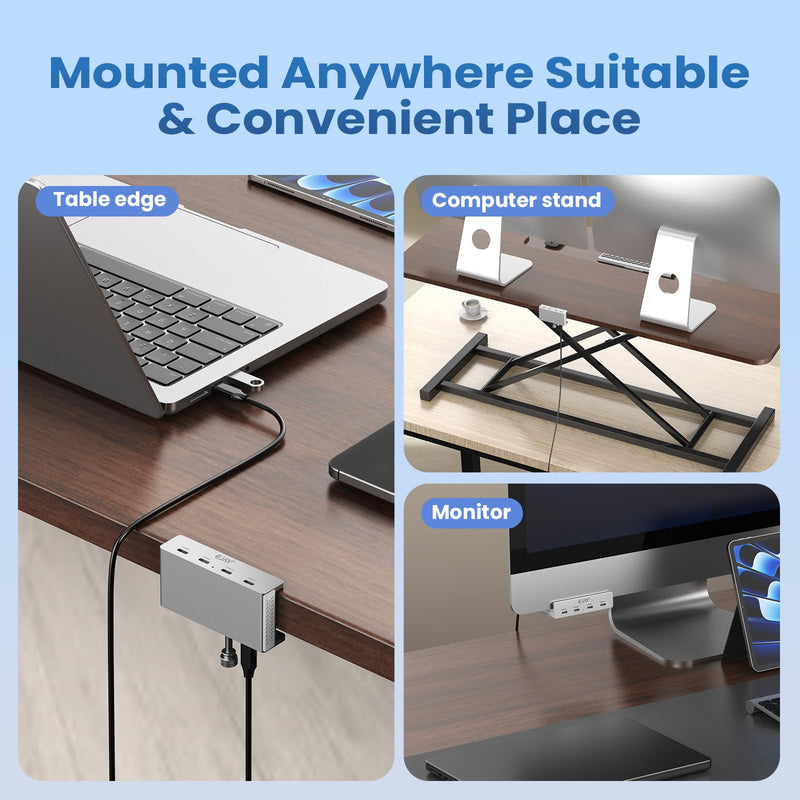 EJAY 10Gbps USB C Hub 4Ports Aluminum USB 3.2 Docking Hub Clamp Design for Desk/Computor with Extra Power Supply Port and 47inches Long Data Cable&39inches Power Cable (BJ-4C-SV) with 4 USB C Silver