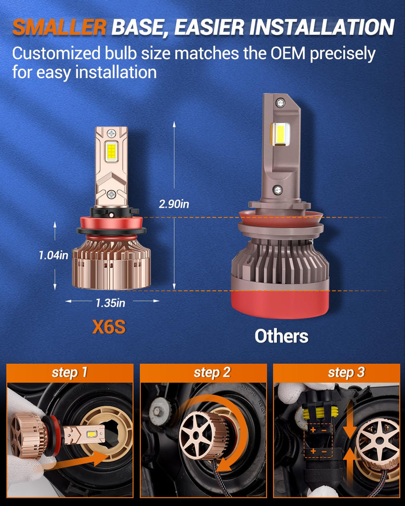 SEALIGHT X6S H11 LED Headlight Bulbs, 9X Brightness Light Bulbs, 6000K Cool White with 25000RPM Cool Fan, 5Mins Plug-N-Play, 10-Year Extended Lifespan IP68 Waterproof, Pack of 2