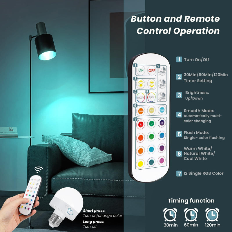 Rechargeable Battery Operated Light Bulb with Remote, Last 18-50 Hours 3000mAh Wireless LED Bulb with Timer and 15 Color Temperature, dimmable, Magnetic Puck Light for Non-Hardwired Fixture, 4 Pack White