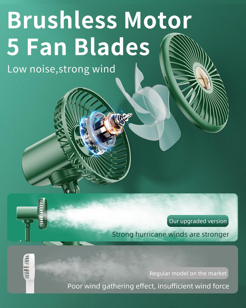 Usb Car Fan Oscillating Rechargeable Fan with Colorful Light Battery Powered, 360° Rotatable Portable Clip Fans That Blow Cold Air, Small Cooler Mini Fan Silent, for Vehicle Van Truck Suv Rv Green