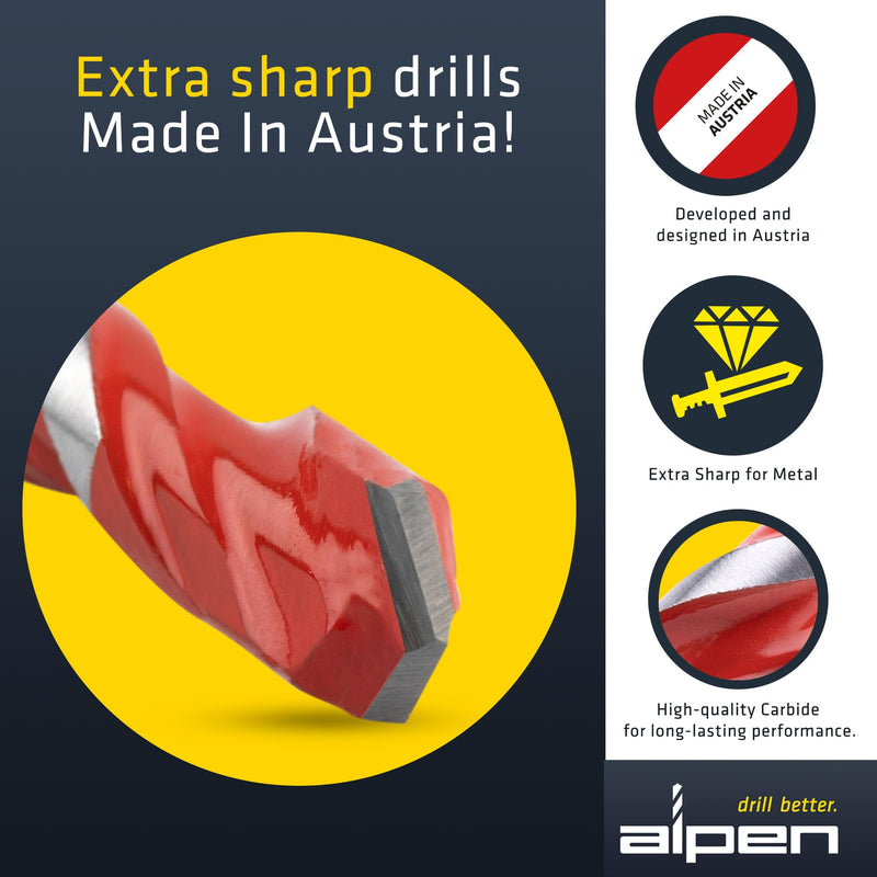 ALPEN 5-Piece Multi-Material Drill Bit Set – Tungsten Carbide Multicut, Drills Tile, Masonry, Metal, Wood & Plastic with One Bit – No Bit Changes – Austrian Engineering 5 PCS Set Cylindrical Shank