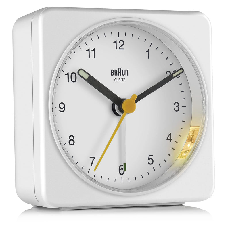 Braun Classic Analogue Alarm Clock with Snooze and Light, Quiet Quartz Sweeping Movement, Crescendo Beep Alarm in White, Model BC03W. Small