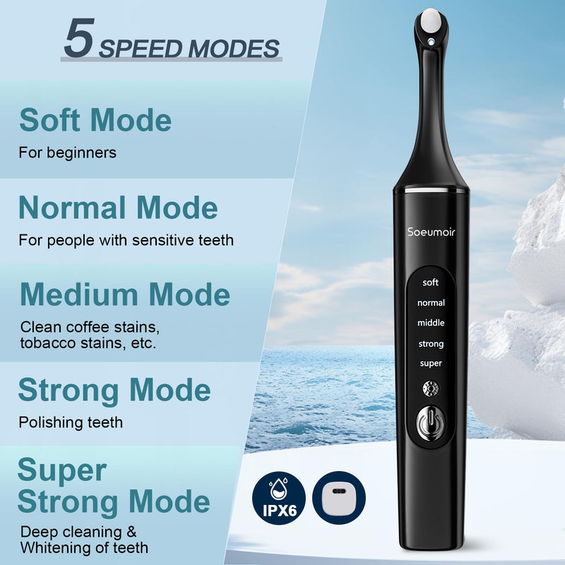 Tooth Polisher,Rechargeable Tooth Whitening Kit for Teeth Cleaning and Whitening, with 8 Brush Heads, LED Light, 5 Speed Modes Dental Polisher Personal Dental Care Kit for Home Use and Travel Black