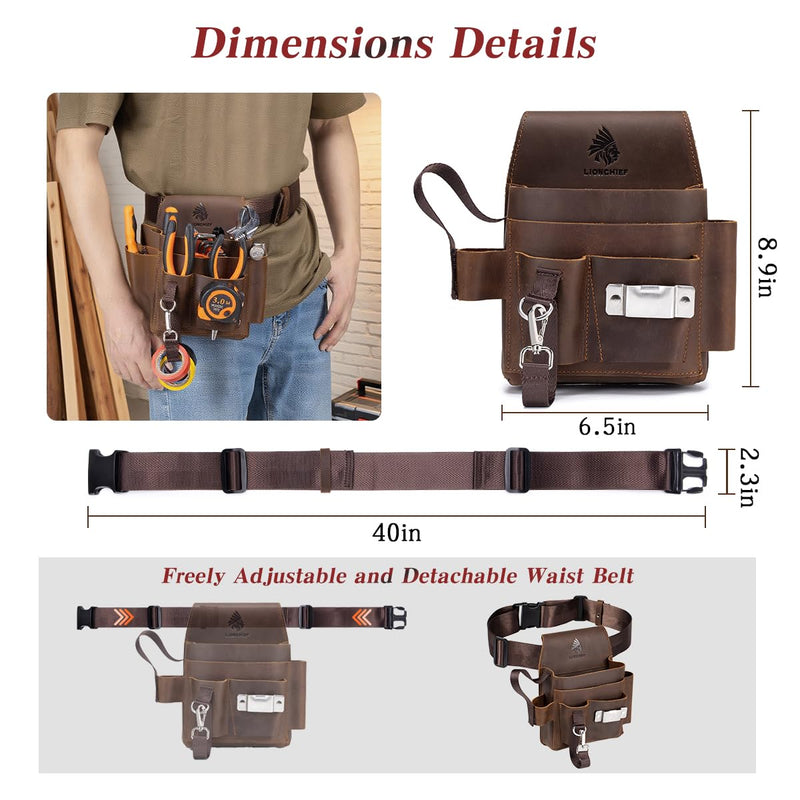 Genuine Leather Electrician Tool Pouch and Belt, Adjustable Leather Tool Belt with Multi-Pockets for Electricians, Brown Small