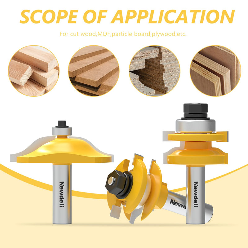 Newdeli 3Pcs Raised Panel Router Bits 1/2" Shank Cabinet Door Router Bit Set (Tenon Cutter Diameter: 1-5/8") Ogee Rail and Stile Router Bits Tongue and Groove Router Bit Set Woodworking Tools Raised Panel Cabinet Door Router Bits 1/2" Shank