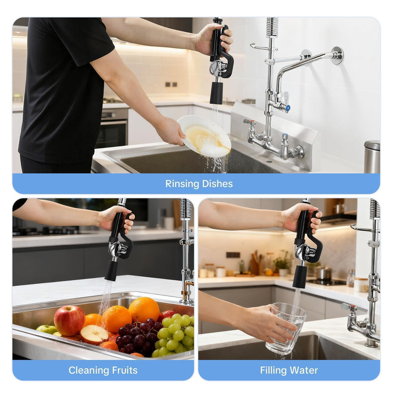 Pre Rinse Sprayer Commercial Sink Sprayer Head, Low Lead Spray Valve Dish Sprayer Nozzle with Ergonomic Handle, High Pressure Brass Faucet Parts for Commercial Kitchen faucet, Chrome Finished Black Pre Rinse Sprayer