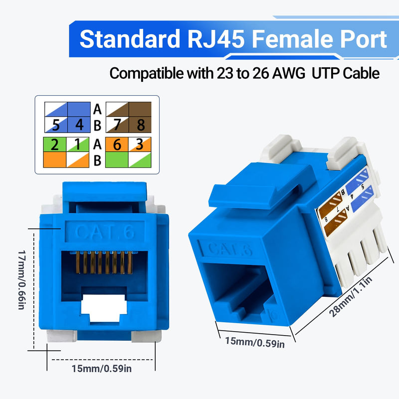10Gbps Cat6 Keystone Jacks 25-Pack, RJ45 Keystone Jack, Ethernet Keystone Jack in Blue with Punch-Down Tool and Punch-Down Stand for Wall Plate