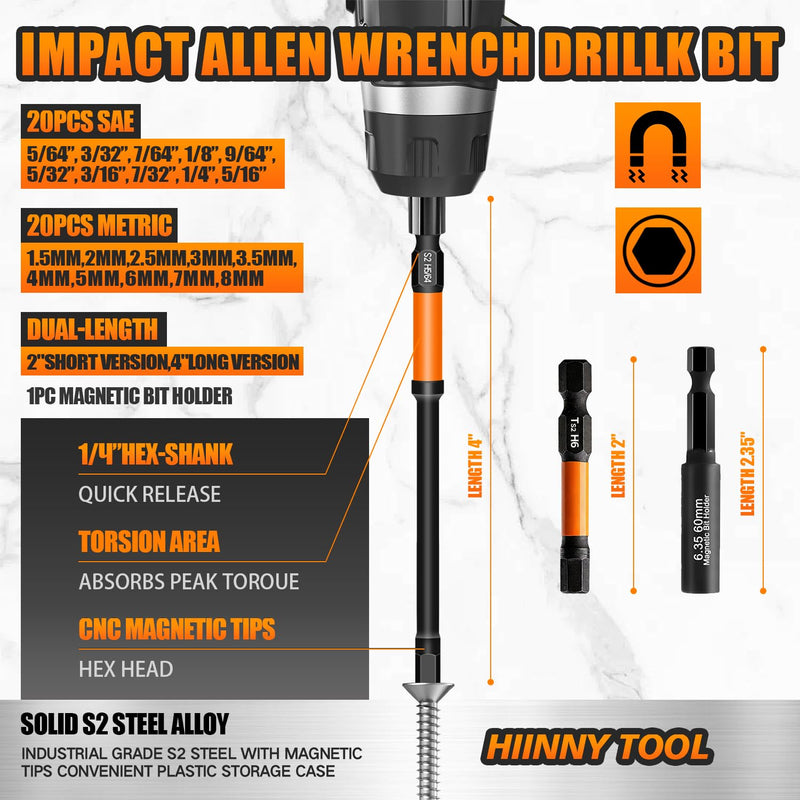 Impact Allen Wrench Drill Bit Set,41PCS 2"&4" Long Hex Bit Set(Metric & SAE), 1/4" Hex-Shank S2 Steel,Impact Driver Bit Set, Magnetic CNC Tips for Drill & Driver with Storage Box 2"&4" Metric & SAE 41PCS