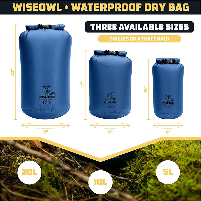 Wise Owl Outfitters Waterproof Dry Bag 3-Pack – Lightweight & Airtight 5L/10L/20L Small & Large Dry Bags for Kayaking, Beach, Travel, Boating, Hiking Blue