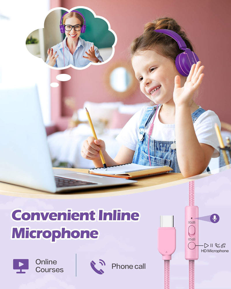 AILIHEN Upgrated USB C Headphones for Kids with Mic, Volume Limit 85dB/94dB | HD Stereo Sound, Foldable, Adjustable, Lightweight Type C Headphones for Gilrs/Toddler/School/Travel/Chromebook/Tablet/iPad Purple