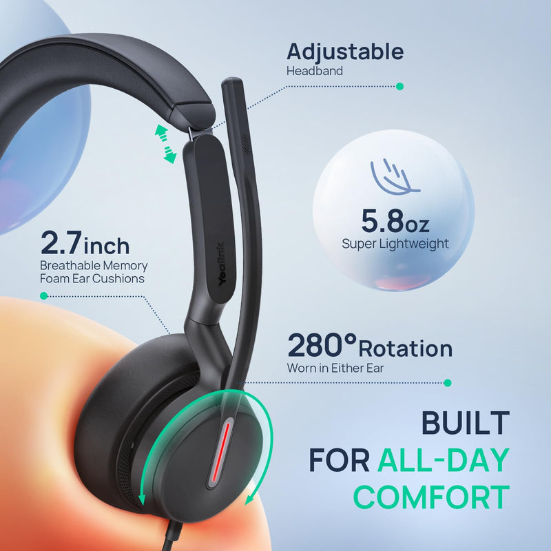 Yealink UH46 Mono Wired Headset with Mic Noise Cancelling Headset USB -C/A | Plug & Play for PC Computer Laptop 3 Noise Cancelling Microphones for Home Office Online Meetings Teams Certified UC Platform
