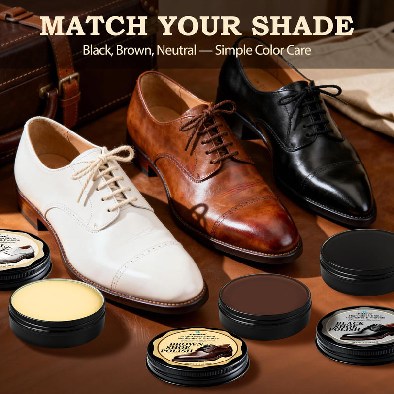 [AUSTRALIA] - Shoe Polish Kit 8PCS – Premium Black, Brown & Neutral Polish, Horsehair Brush, 3 Cloths & Compact Pouch for Leather Shoe Care, Waterproof for Boots and Shoes, Office and Travel
