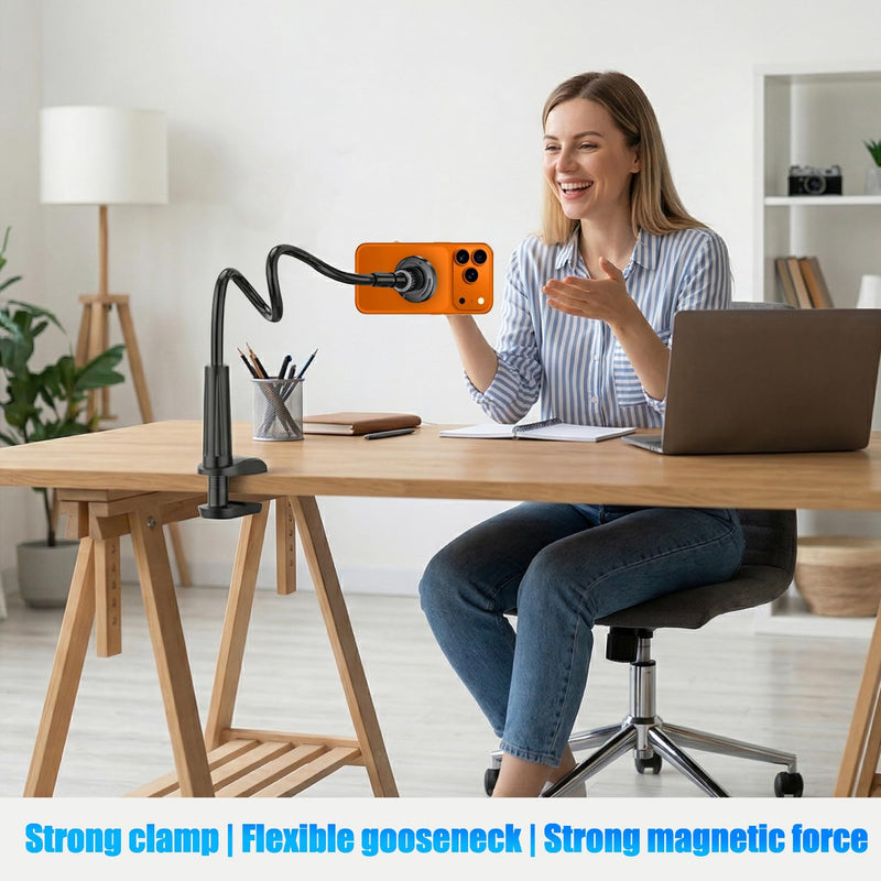 Magnetic Gooseneck Phone Holder for Bed, for MagSafe Phone Holder Mount Stand Flexible Goosebeck Arm with Clamp Clip Mount for Desk Bedside for iPhone 17/16/15/14/13/12 and Others