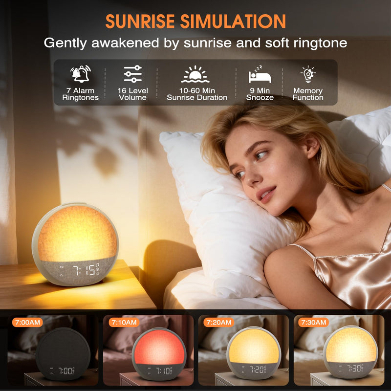 Sunrise Alarm Clock, White Noise Sound Machine with 30 Soothing Sounds, Dimmable Night Light, Natural Sunlight Lamp Gentle Wake Up Light for Bedrooms, Kids, Heavy Sleepers Adults, Baby, Ideal for Gift Putty
