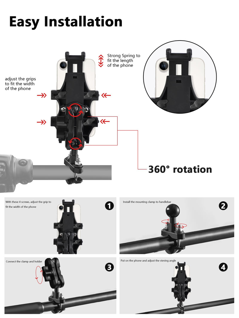 ATV Phone Holder, Quad Phone Mount, 8 Clamps Holds 4.7-7.1" Phones, One Hand Operation Motorcycle Phone Clip for 7/8-9/8" Handlebar,Compatible with Yamaha Polaris Honda Can Am ATV/motor phone holder
