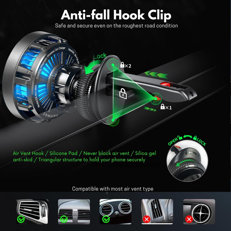 25W Cooling Magnetic Wireless Charger Air Vent Phone Mount for Car | 25W Fast Wireless Charging with Built-In Cooling Fan, Secure Air Vent Mount, Flexible Viewing Angles, 45W Adapter Included