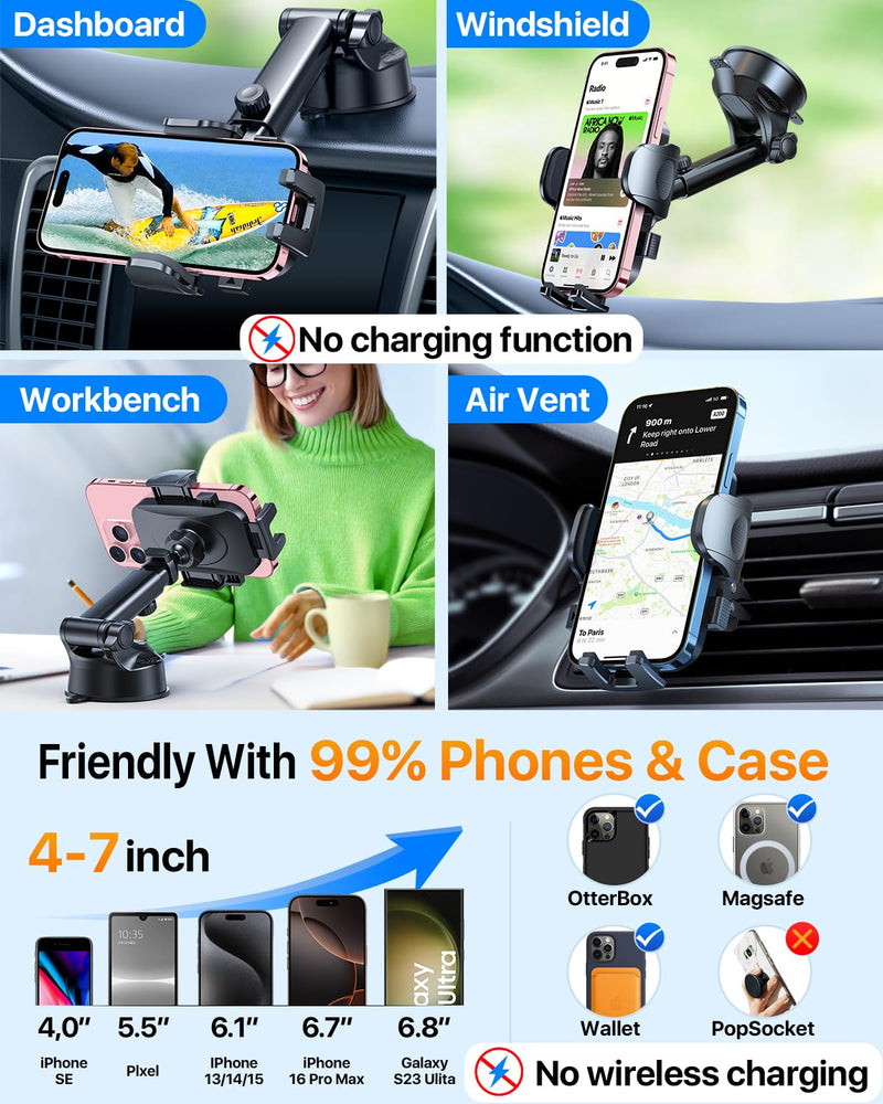 2025 Ultimate Car Phone Holder【80+LBS Strongest Suction & Military-Grade】 Universal Cell Phone Holder Truck Car Mount for Dashboard Windshield Air Vent for iPhone 16 Pro Max 15 Samsung 2pcs,Black Black
