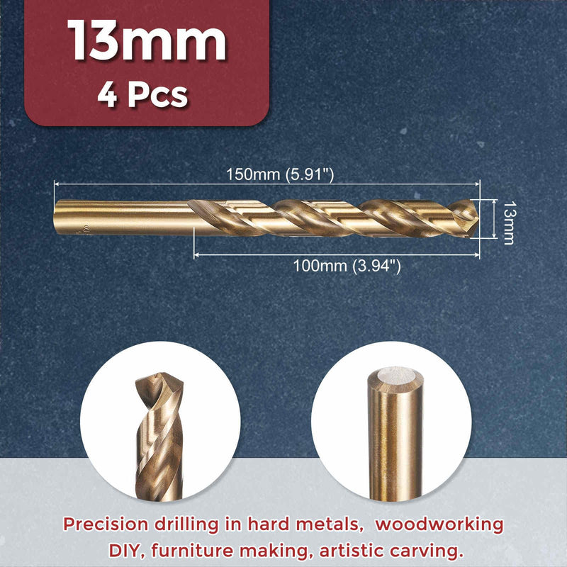4pcs Drill Bit - [13mm Diameter] M35 5% Cobalt HSS Cutting Tool for Machining Hard Metal Steel Woodworking Handicraft Use, 135° Cutting Angle Gold 13mm 4