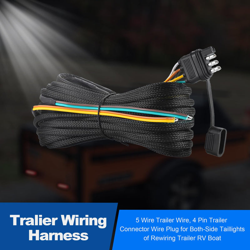 26FT Trailer Wiring Harness Kit, 4 Pin 5 Wire Trailer Wiring Harness, Boat Trailer Wiring Harness, 5 Wire 4 Pin Flat Trailer Connector, for Connection of Tail Lights, Brake Lights and Turn Signals 26FT