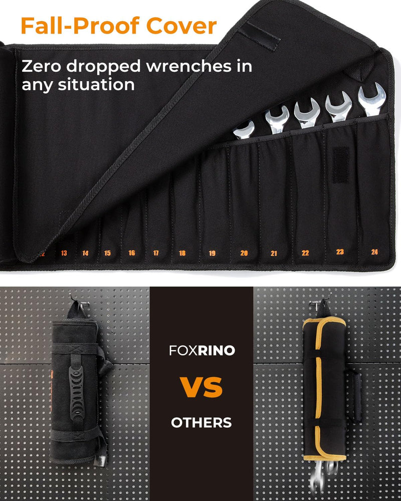 Foxrino Wrench Roll, Wrench Roll Up Pouch, 19-Pocket Heavy Duty Canvas Wrench Organizer Bag for Metric Combination Wrenches, Portable Tool Roll Bag, Gifts for Men for Fathers Day(Black, 19+1 Metric) Black