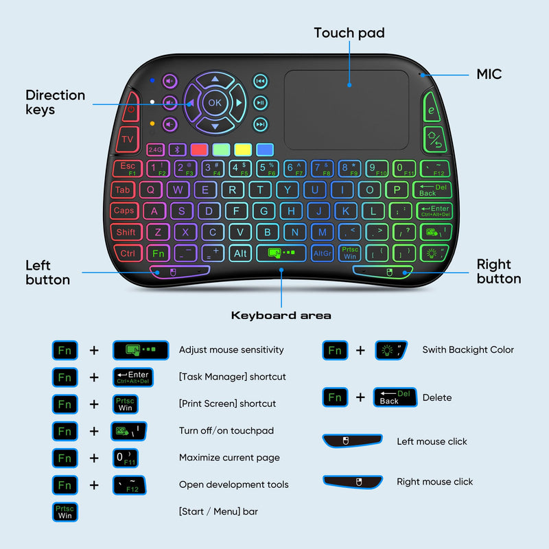 2.4G USB Dongle Mini Keyboard Mouse Combo RGB Backlit Touch Scroll Remote for Samsung LG Sony TCL Smart TV Fire Stick Roku Apple TV Windows Laptop iPad Android Box HTPC Bluetooth Supported