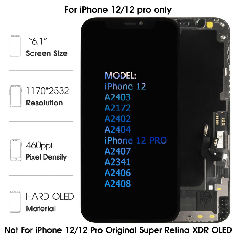 Hard OLED 12/12 Pro LCD Screen Replacement for iPhone 12/12 Pro 6.1 inch [Hard OLED,NOT LCD] LCD Display Touch Digitizer Screen Assembly A2403 A2172 A2402 A2404 with Repair Tools