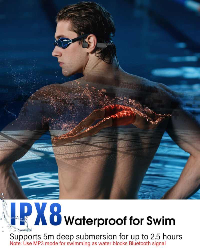 Bone Conduction Headphones, Swimming Headphones, Open Ear Headphones, Black | IPX8 Waterproof MP3 Mode 8GB Memory Up to 12 Hours Playtime, Bluetooth 6.0 Earbuds Secure Fit for Running and Fitness