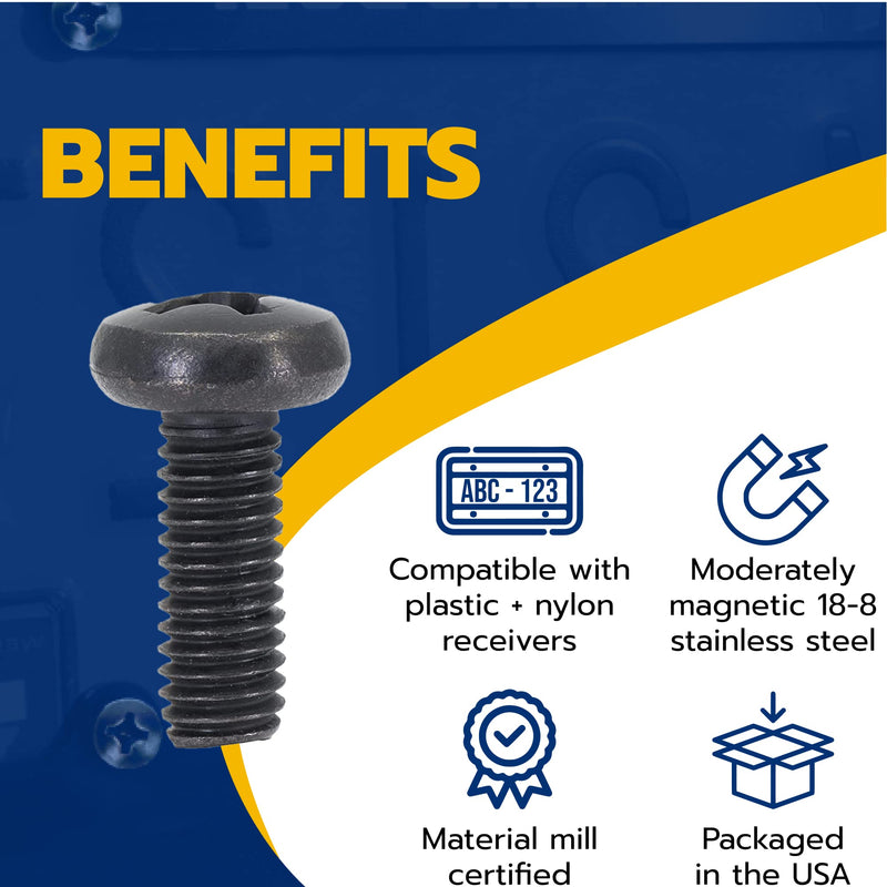 Black License Plate Screws for Lexus, Toyota, and Honda, Phillips Machine Pan Head 18-8, Stainless Steel, M6-1.0 x 16 mm Bolt (Pack of 4) M6-1.0 X 16mm
