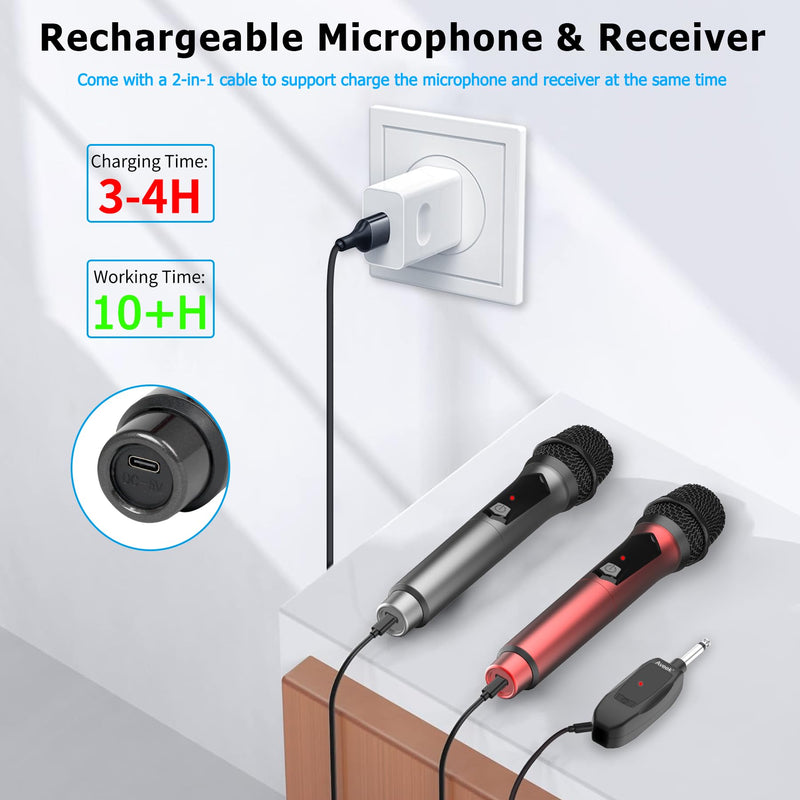 Aveek Wireless Microphone for Karaoke, 2.4GHz Rechargeable Karaoke Microphone(Work 10hs), for Speaker, Karaoke Machine,Church, Speech, Wedding, Party Singing, Grey&Red, 2 Packs red&gray