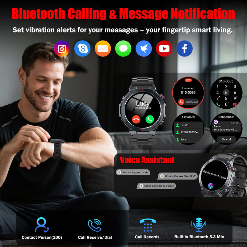 Jugeman Military Smart Watch for Men GPS with LED Flashlight-Dark Black | 1.43" AMOLED Display, 5ATM Waterproof, Compass, Fitness Tracker, Heart Rate/Sleep/Blood Oxygen, Watches for Android/iPhone