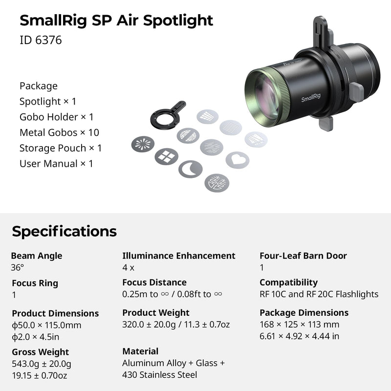 SmallRig SP Air Spotlight, 36° Optical Projection Lens, 4X Brightness | Built-in Framing Shutters, a GOBO Holder & 10 Metal Gobos, Snoot Photography Attachment Only for RF 10C/20C Flashlight - 6376