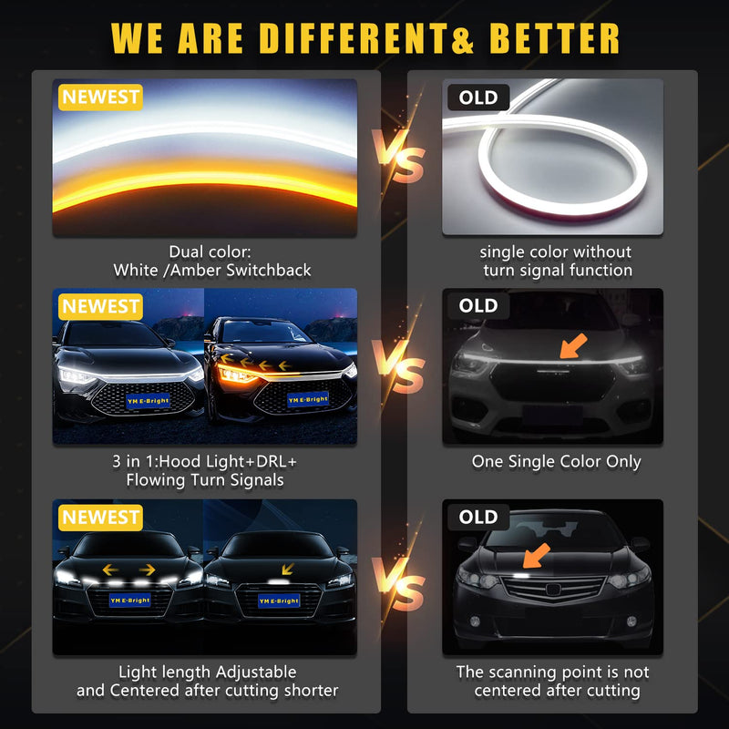 Dynamic Scan Start Up Hood Light Strip Sequential Flowing Turn Signal Lights Flexible DRL Daytime Running Light Car Led Light Strip Exterior,Dual Color Amber White Switchback 12V 70inch (1 Set) White/Amber Switchback 70 inches