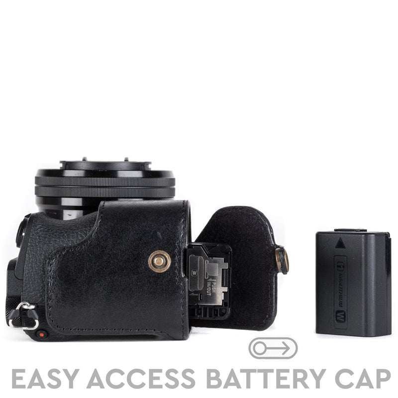 Megagear MG1203 Sony Alpha A6500 Ever Ready Genuine Leather Camera Half Case & Strap with Battery Access, Black