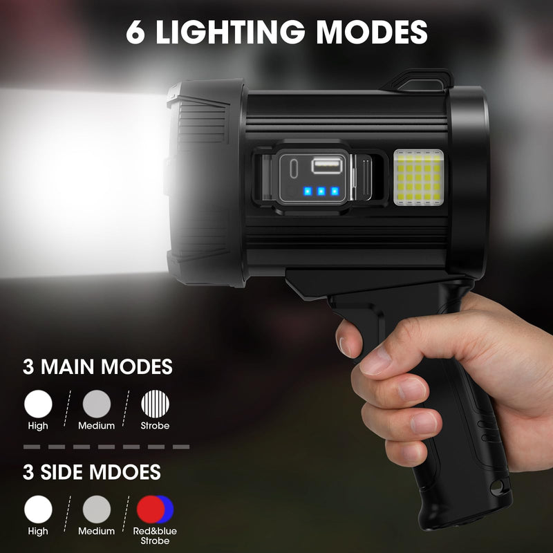 Rechargeable Spotlight, 1,000,000 Lumens Super Bright Handheld Led Flashlight, Outdoor Spot Light with Cob Light and Solar Panelsfor Boating Camping