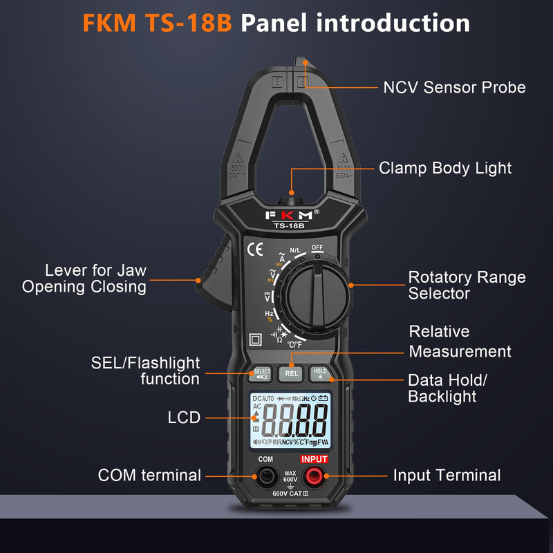 FKM Clamp Meter,TRMS 6000 Counts 600 Amp Digital Clamp Multimeter Voltage Tester,Auto-ranging Volt Meter,for AC/DC Voltage,AC Current,NCV,Capacitance,Resistance,Continuity,Hz/Duty Cycle,Diode,TempTest Black-(AC Current)Clamp Meter